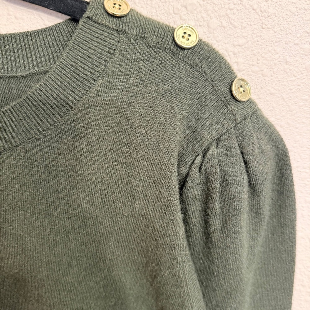 Michael Kors Womens XL Olive Green Puff Sleeve Button Shoulder Crewneck Sweater - Picture 3 of 7